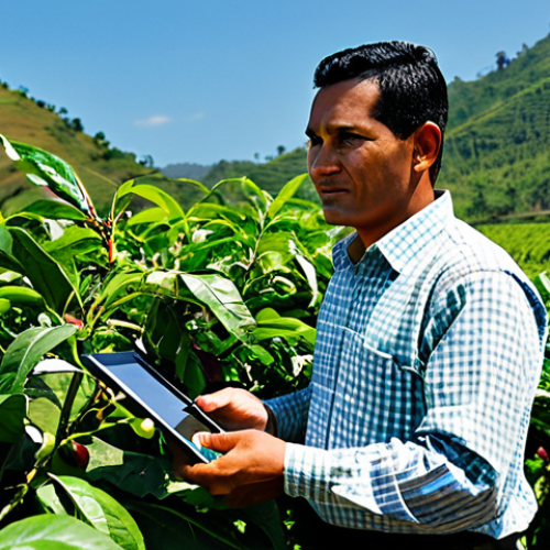 Home 4 A professional Guatemalan farmer, a man in his 30s with a warm, determined expression, wearing a modest, clean traditional shirt and sturdy work pants. He stands proudly amidst rows of vibrant green coffee plants, gently inspecting ripe red coffee cherries with well-formed hands. In the background, rolling hills of a lush, fertile coffee plantation stretch towards a clear blue sky, hinting at the country's agricultural abundance. A subtle, modern tablet with a data display is visible on a nearby wooden crate, symbolizing innovation in farming. The overall image conveys dedication, growth, and the blend of tradition with modern approaches. Perfect anatomy, correct proportions, natural pose. Safe for work, appropriate content, fully clothed, professional, high-quality, ultra-detailed, professional photography.