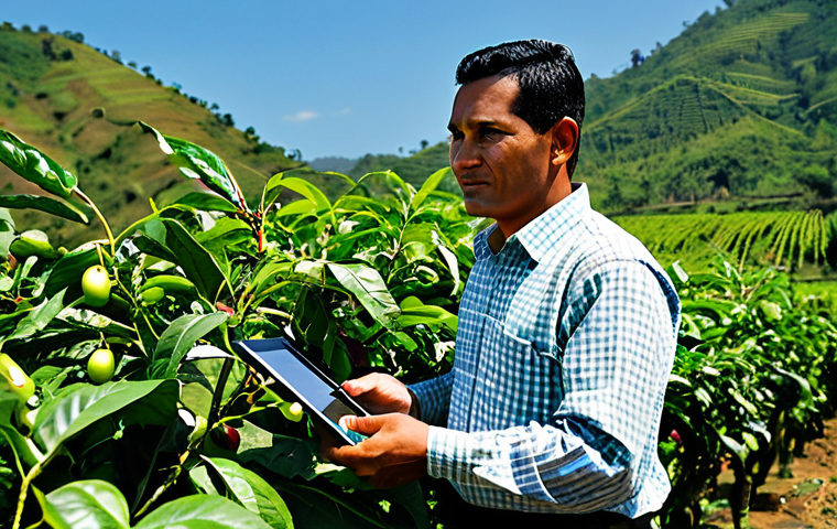 A professional Guatemalan farmer, a man in his 30s with a warm, determined expression, wearing a modest, clean traditional shirt and sturdy work pants. He stands proudly amidst rows of vibrant green coffee plants, gently inspecting ripe red coffee cherries with well-formed hands. In the background, rolling hills of a lush, fertile coffee plantation stretch towards a clear blue sky, hinting at the country's agricultural abundance. A subtle, modern tablet with a data display is visible on a nearby wooden crate, symbolizing innovation in farming. The overall image conveys dedication, growth, and the blend of tradition with modern approaches. Perfect anatomy, correct proportions, natural pose. Safe for work, appropriate content, fully clothed, professional, high-quality, ultra-detailed, professional photography.
